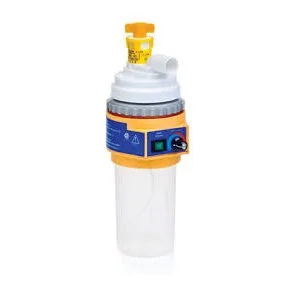 A water filter pitcher with a white filter cartridge, an orange and blue label, and a clear water reservoir.