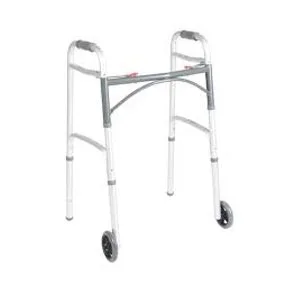 A metal walker with four wheels and a horizontal support bar.