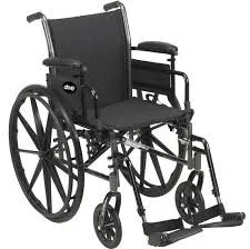 Standard black wheelchair with footrests and large rear wheels