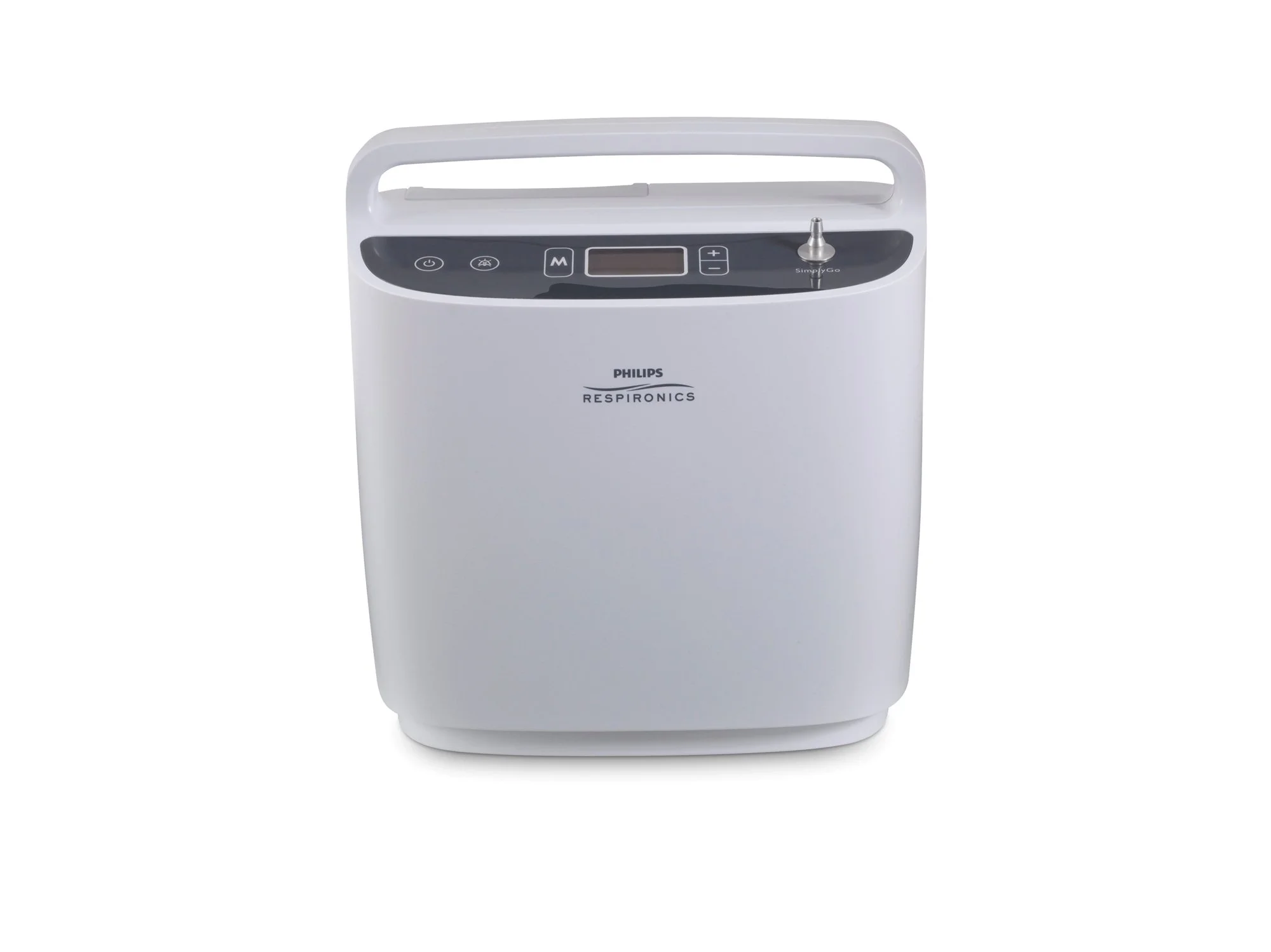 White Philips RespiOnics portable oxygen concentrator with digital display and control buttons on top.
