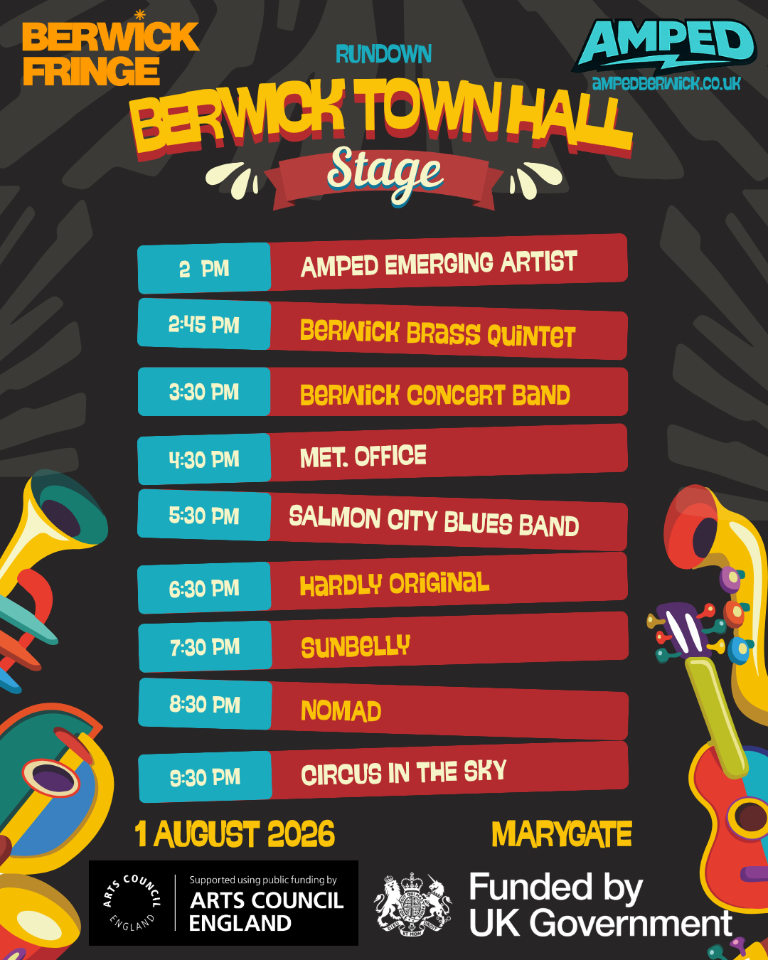 Schedule for Berwick Town Hall music and performance event on August 1, 2026, featuring artists including Amped Emerging Artist, Berwick Brass Quintet, Berwick Concert Band, Salmon City Blues Band, and Circus in the Sky. The poster has a black backgr