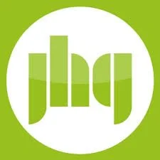 Green logo with white circular background and stylized abstract shapes inside