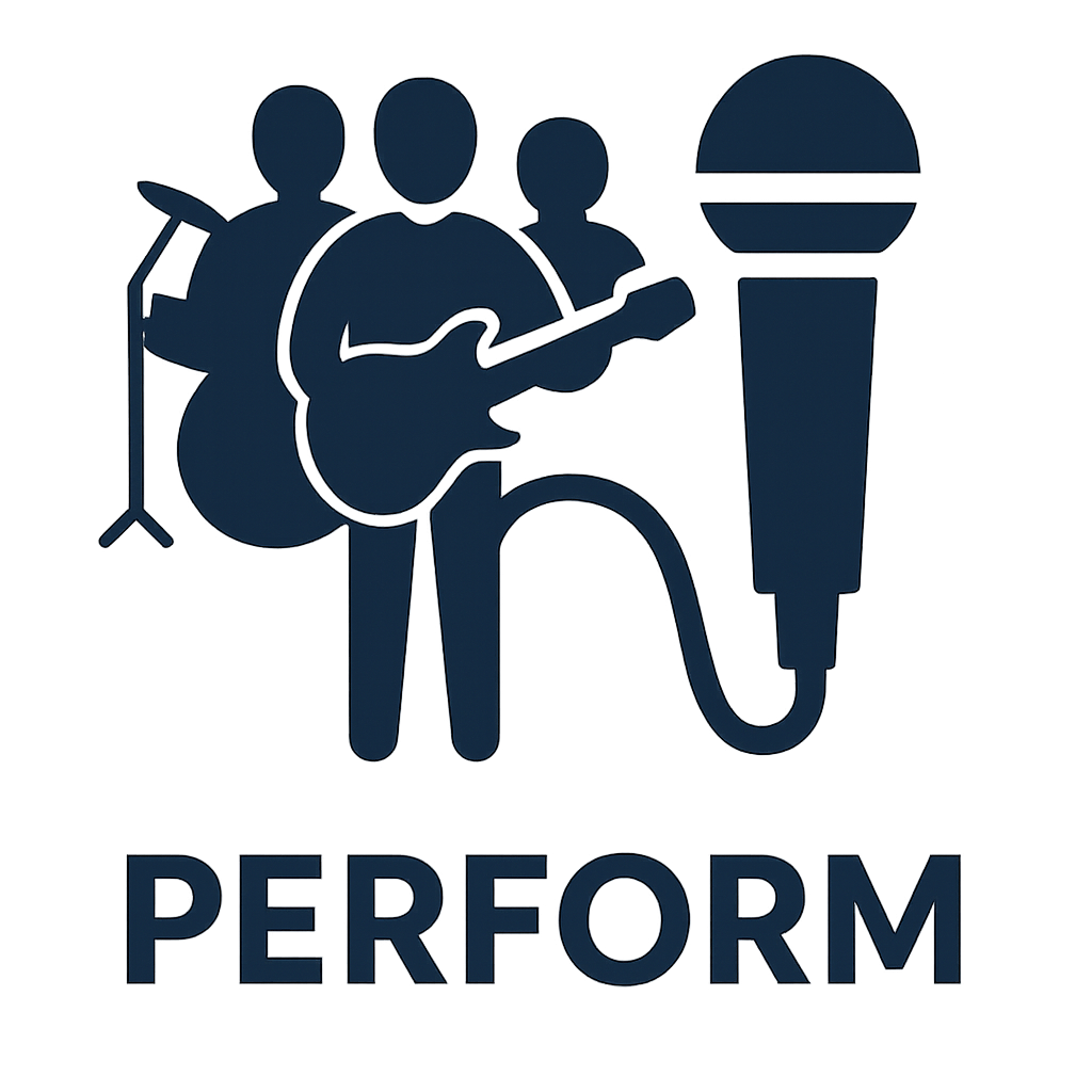 Silhouette of a musician playing guitar and singing with a backup band, microphone and drum set in the background, and the word "PERFORM" below.