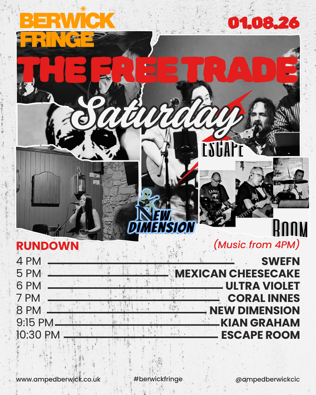 Event poster for Berwick Fringe featuring The Free Trade Saturday, taking place on August 1, 2026, with music starting at 4 PM. The poster includes photos of bands and musicians, with a schedule of performances from 4 PM to 10:30 PM, and mentions mus