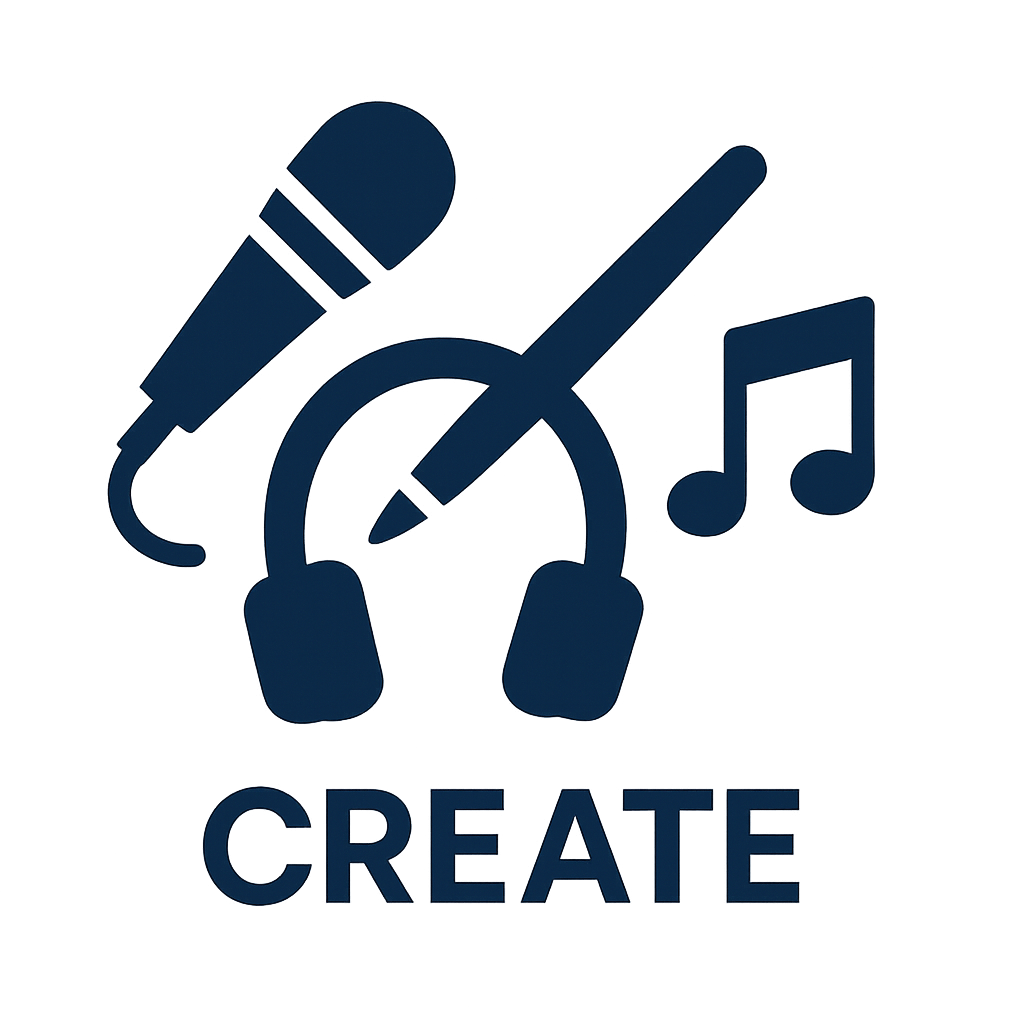 Silhouette of a microphone, headsets, a paintbrush, and a musical note with the word 'CREATE' below, representing creativity in music and arts.