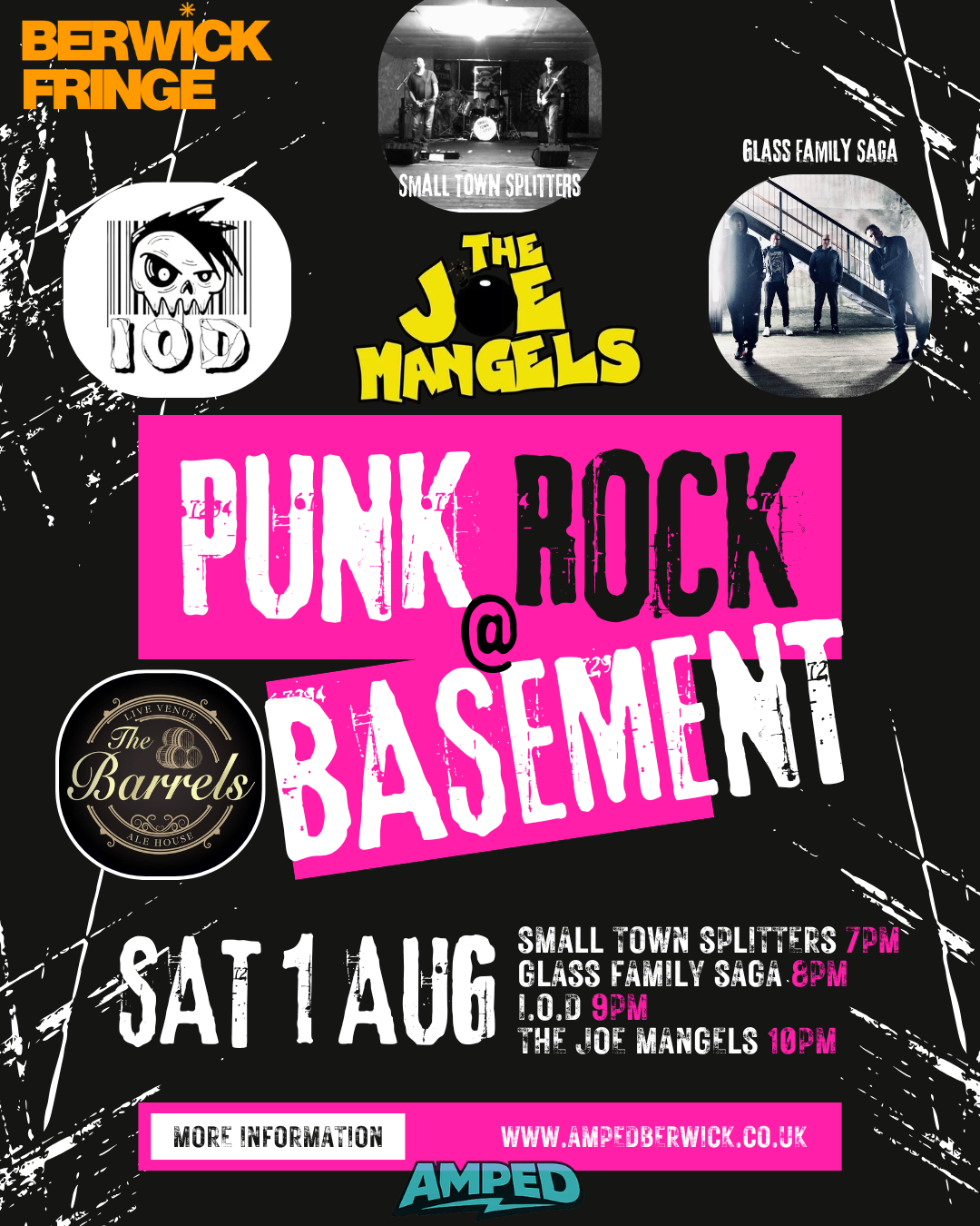 Event poster for Punk Rock at Basement, featuring bands The Joe Mangels, Small Town Splitters, Glass Family Saga, and L.O.D. on Saturday, August 1st, with times and venue details.