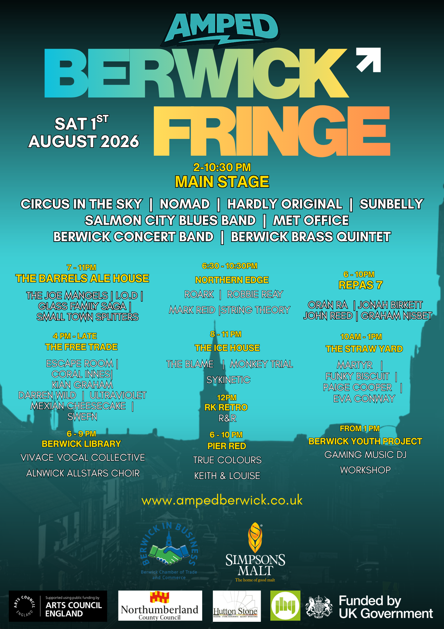 Event poster for Amped Berwick Fringe on August 1, 2026, from 2 to 10:30 pm on the main stage. Features performances by music and comedy groups, DJ sets, food vendors, and community organizations, with schedules and performer names listed.