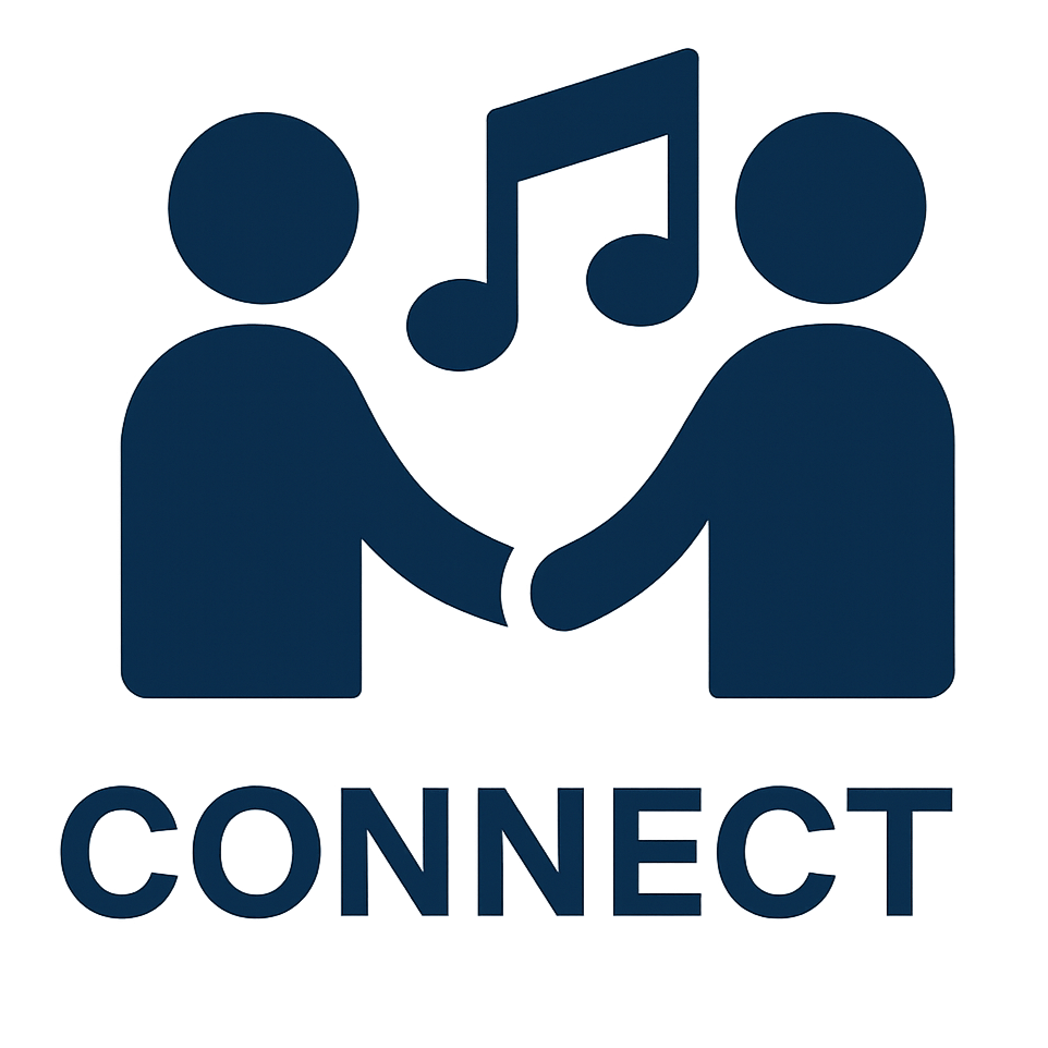 Two simplified human figures shaking hands with a musical note above them, and the word 'CONNECT' written below.