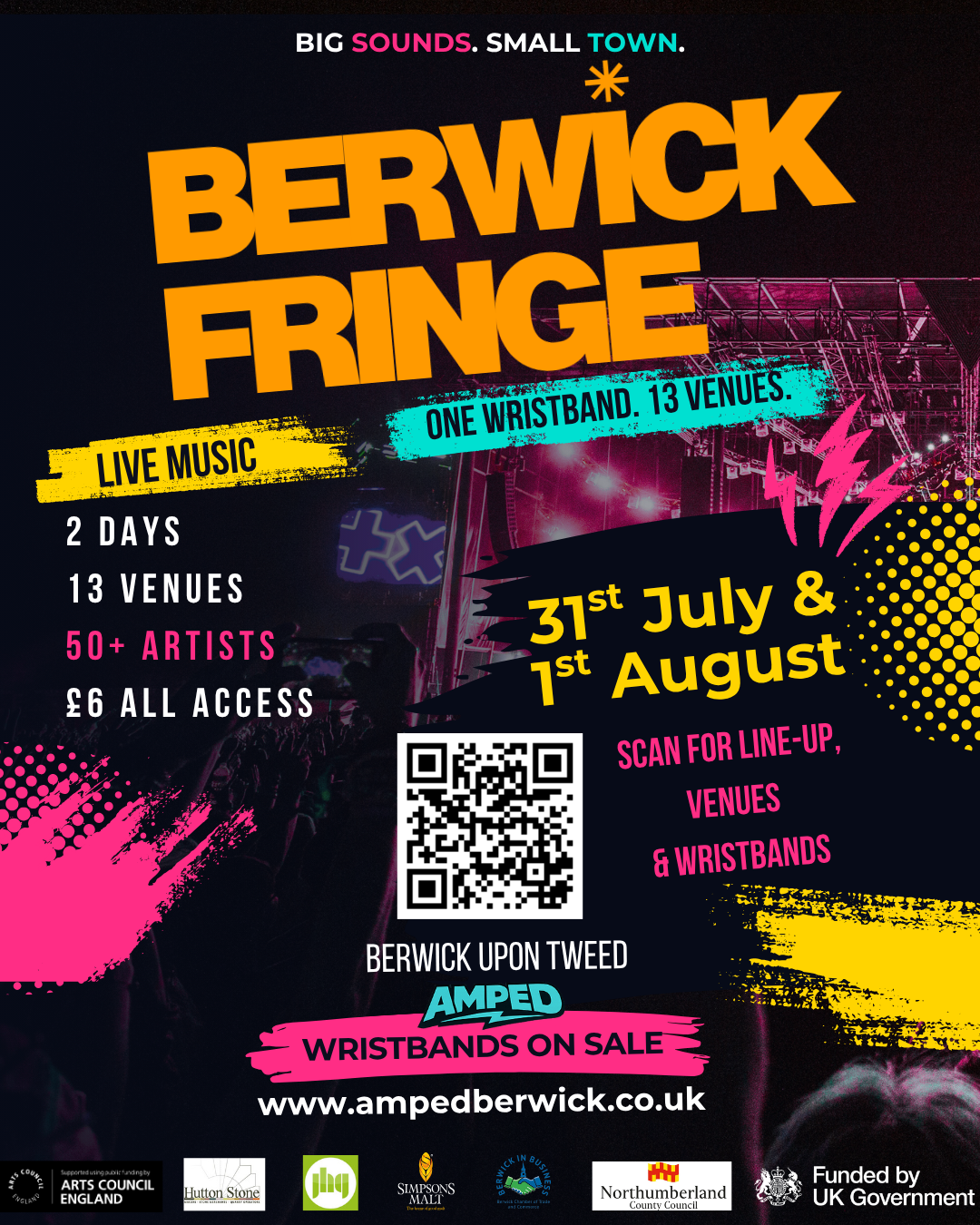 Colorful promotional poster for Berwick Fringe festival, featuring bold text about the event dates, locations, and activities, with a nighttime stage and audience silhouette in the background.