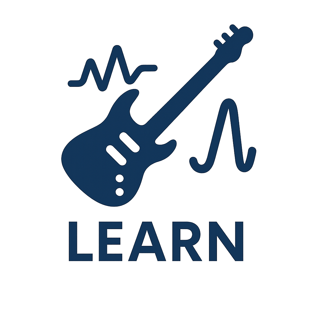 Neon-style graphic of an electric guitar, a musical note, and a heartbeat line with the word "LEARN" below.
