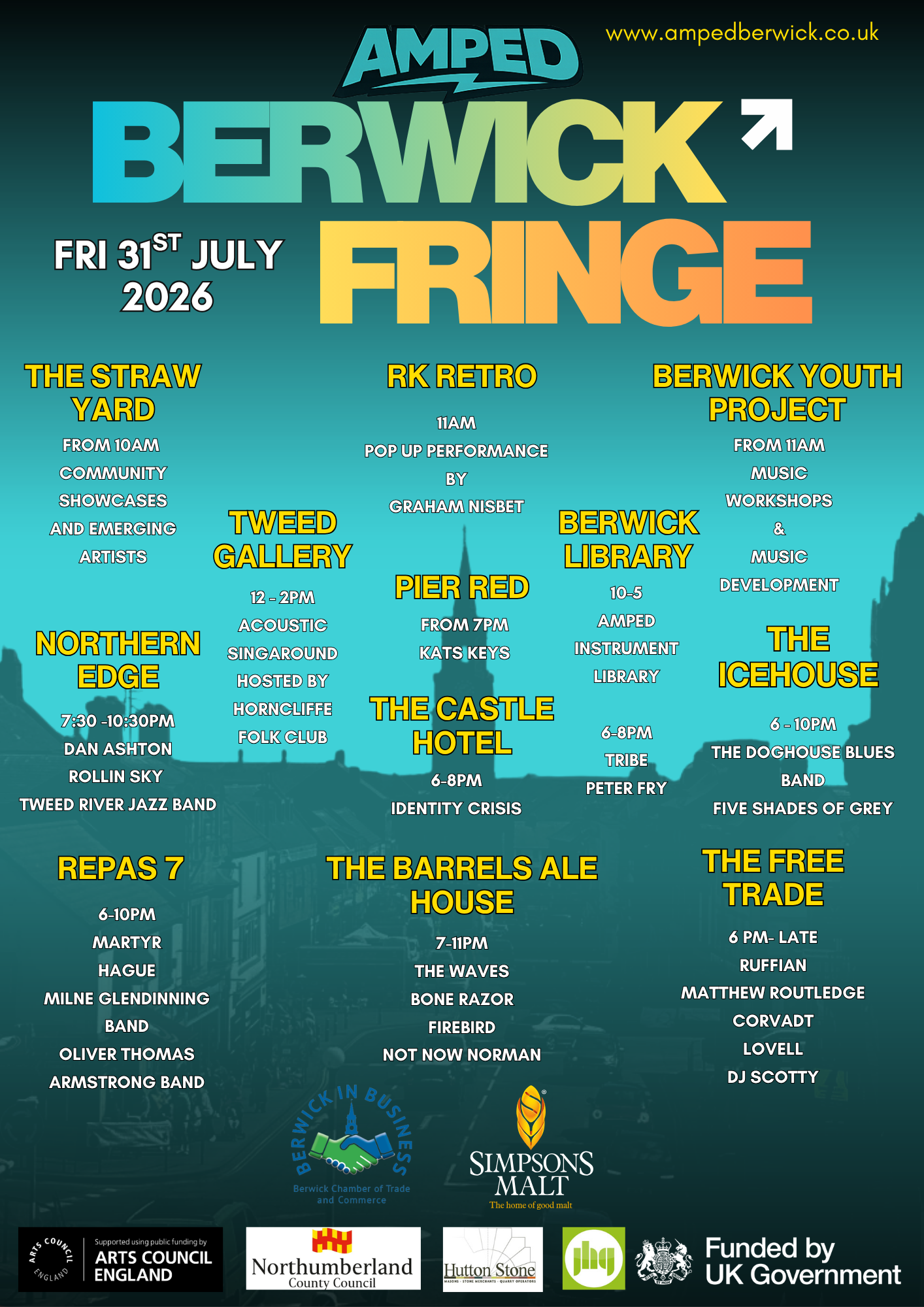A colorful festival poster for the Amped Berwick Fringe from July 31 to August 4, 2026, featuring event schedules and venue details, with logos of sponsors and supporters at the bottom.