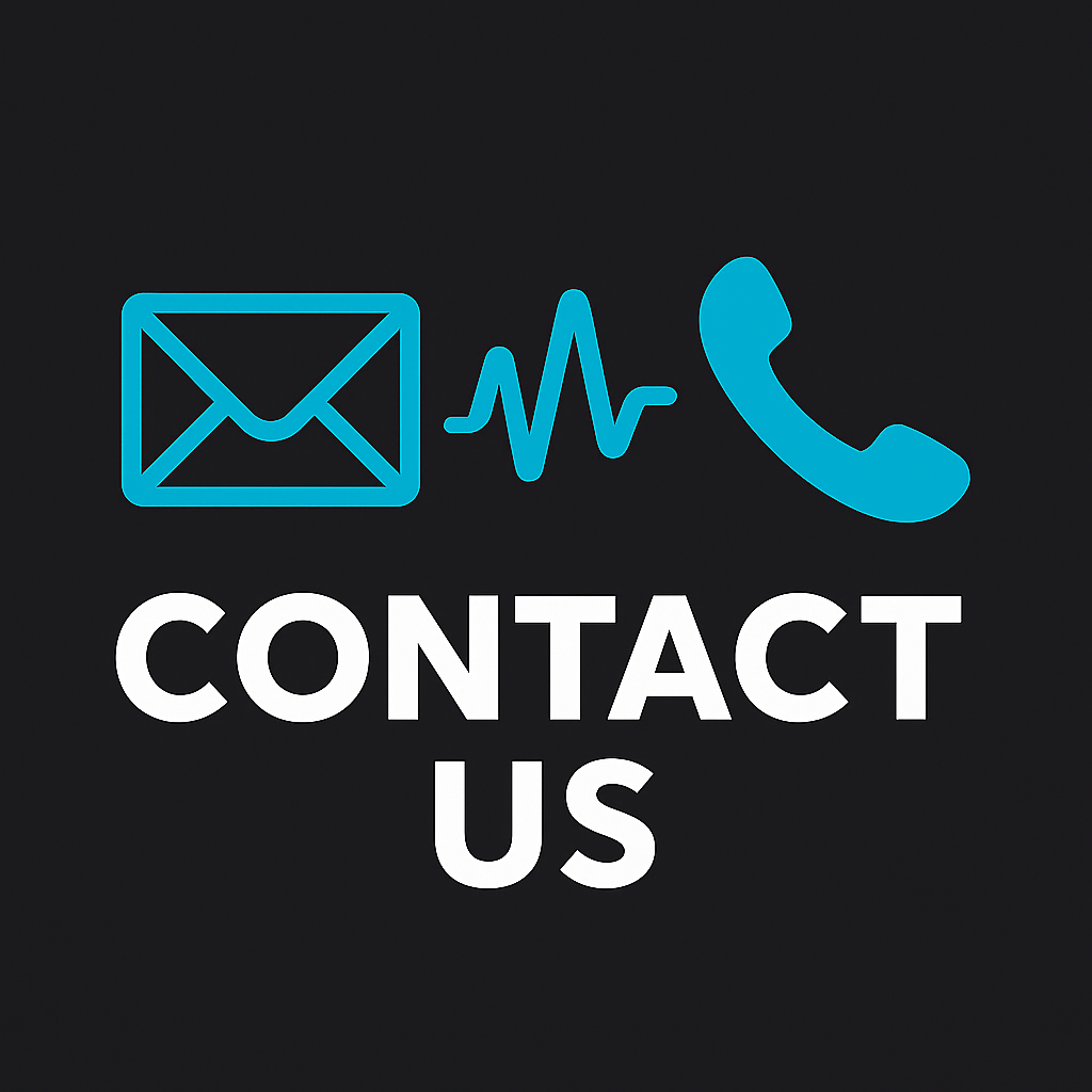 Icons of an envelope, a heartbeat line, and a phone with the text "CONTACT US" below.