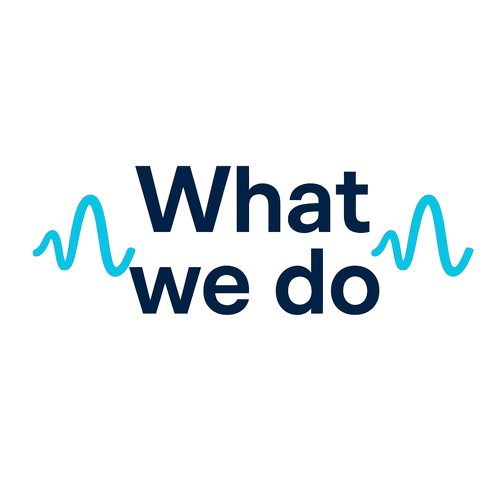 The logo features the phrase "What we do" with a blue pulse wave graphic on each side of the text.