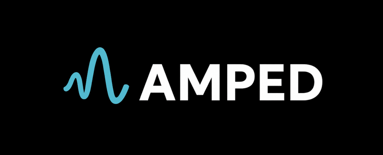 Black background with a blue wave-like line and the word 'AMPED' in white capital letters.