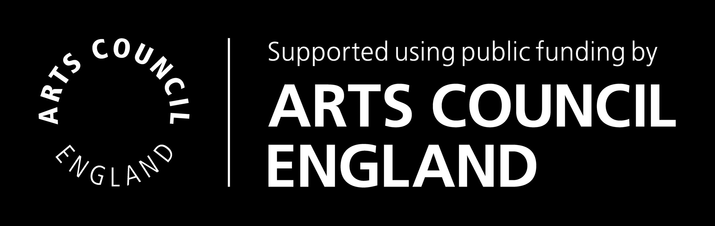 Black background with white text and logo showing support from Arts Council England.