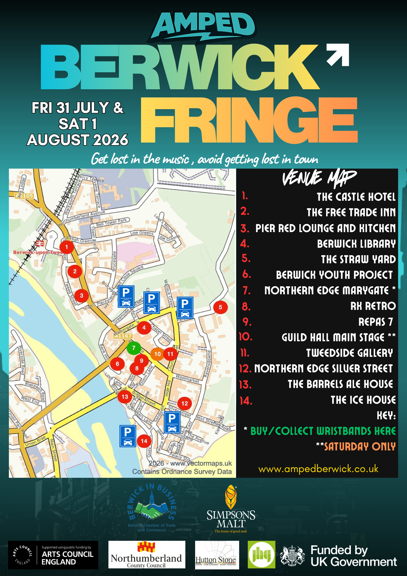 Map of Berwick with event locations marked, including details for a music festival happening from July 31 to August 1, 2026, featuring venue names and parking areas, with a list of event sites and specific instructions for wristband collection and Sa