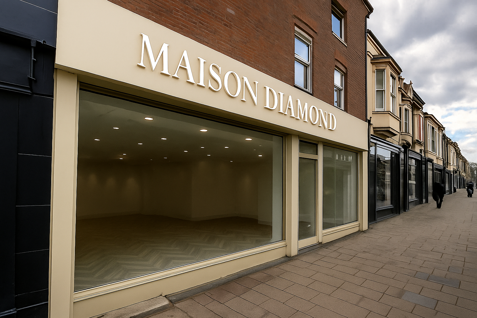 Empty retail space inside a store with large glass windows, located on a city street with other similar buildings, under a cloudy sky.
