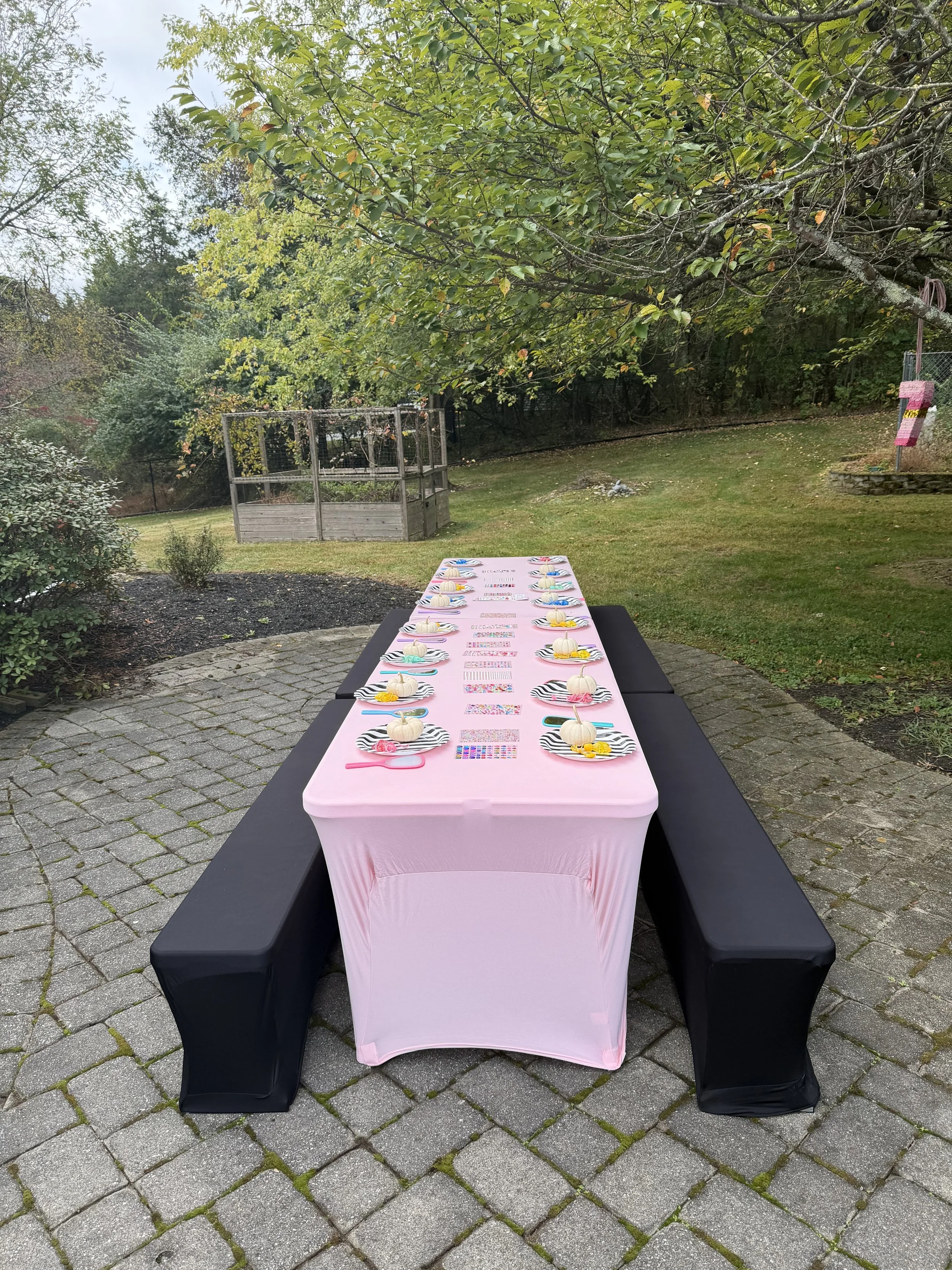 Long pink tablecloth-covered table set outdoors for a gathering, with black benches on each side, decorated with black and white striped plates, small pumpkins, colorful candies, and floral elements, surrounded by trees and greenery.