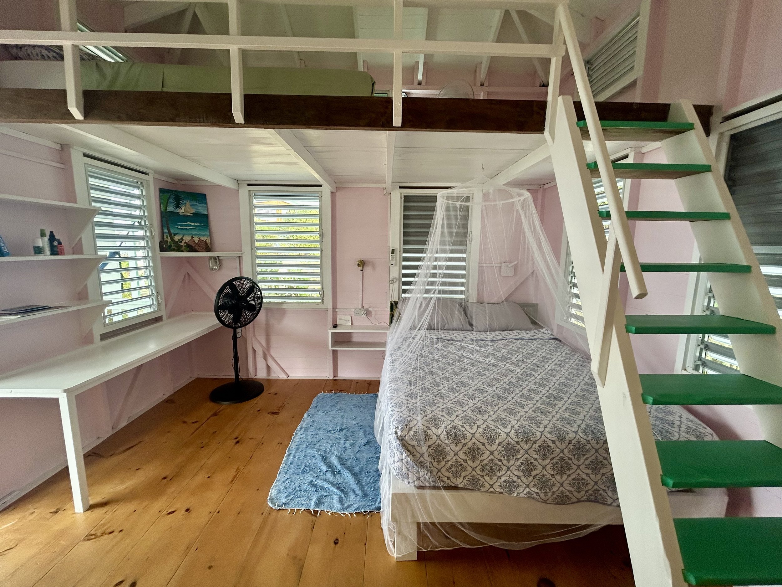 A bedroom with pink walls, a loft bed with a green mattress, and a ladder leading to the upper sleeping area. The lower bed has a patterned bedspread and a mosquito net. There are three windows with horizontal blinds, a blue rug, a black oscillating 