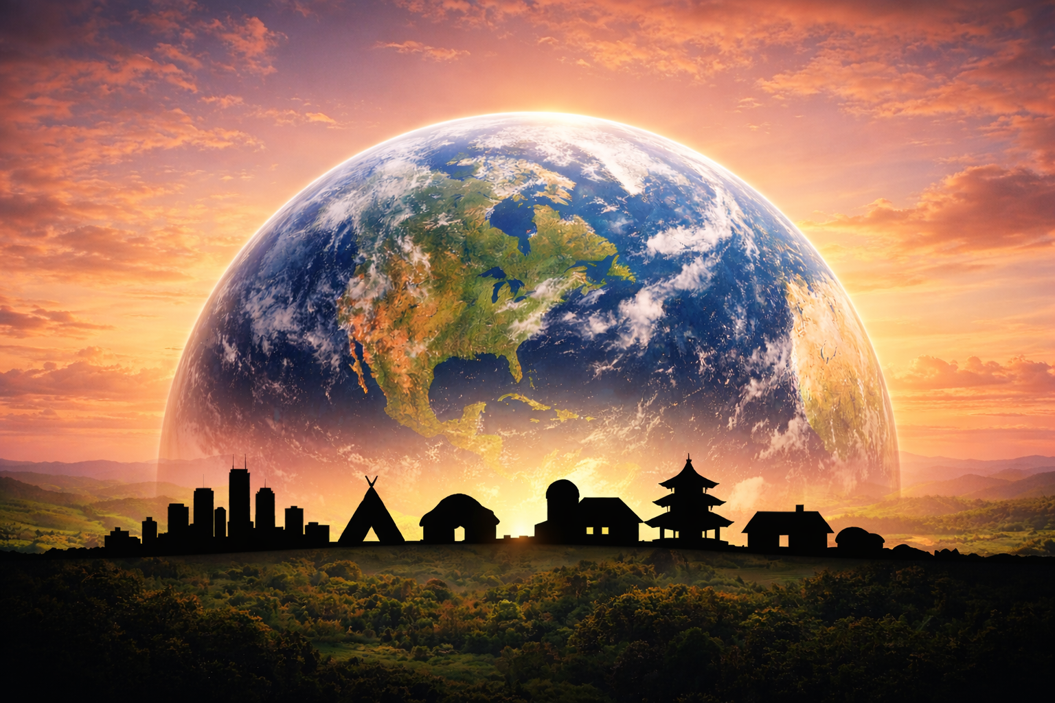 Silhouette of various buildings, including a skyscraper, a tent, houses, a pagoda, and a traditional house, against a backdrop of the Earth in space with a colorful sunset or sunrise sky.