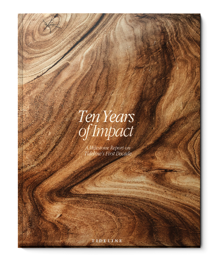 Book cover titled "Ten Years of Impact" with a wood grain background and subtitle "A Milestone Report on Tideline's First Decade."