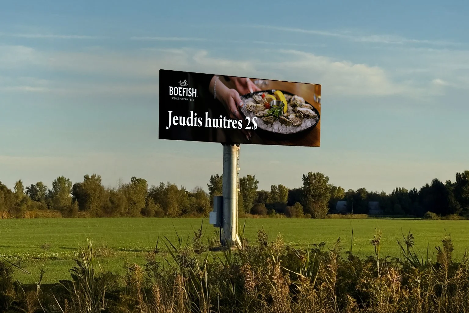 Un super panneau publicitaire digital annonçant des huîtres à 2 dollars le jeudi, avec une image de huîtres fraîches sur un plateau, dans un champ avec des arbres en arrière-plan.