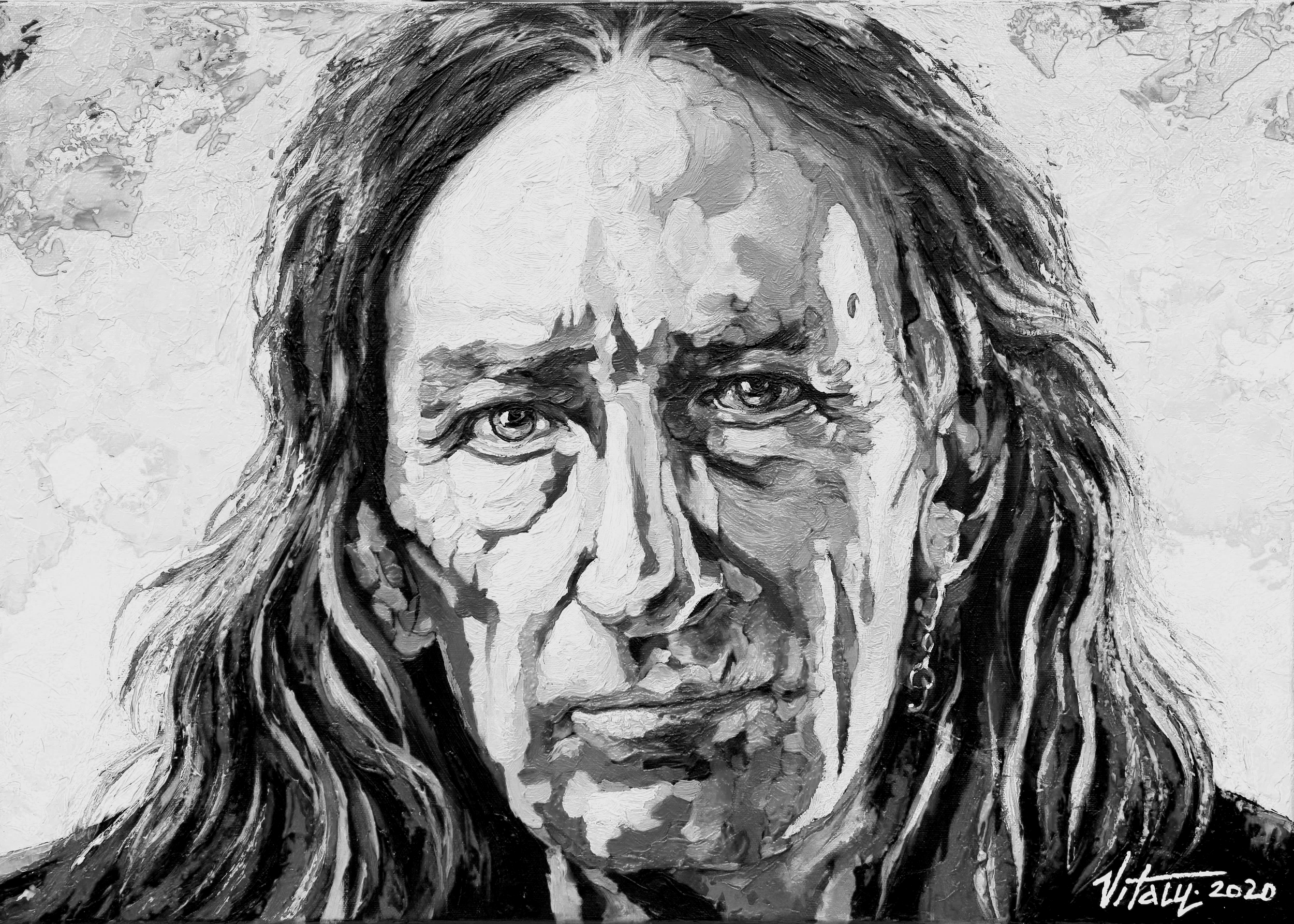 A black-and-white painting of a woman with long hair and piercing eyes, showcasing expressive brushstrokes and textured details.