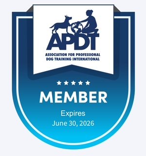 Logo of the Association for Professional Dog Training International with a silhouette of a person and a dog, and the text "APDT Member Expires June 30, 2026".