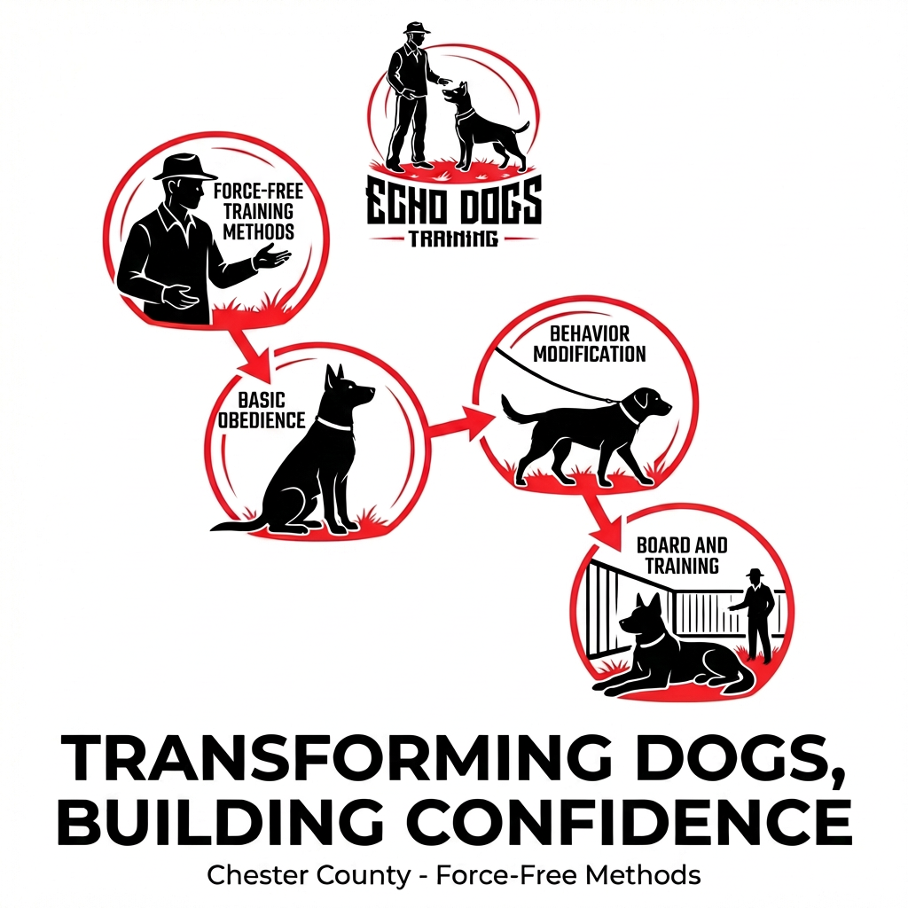 Flow chart demonstrating the process of dog training including steps of force-free training methods, basic obedience, behavior modification, board and training, with titles and illustrations of dogs and trainers.