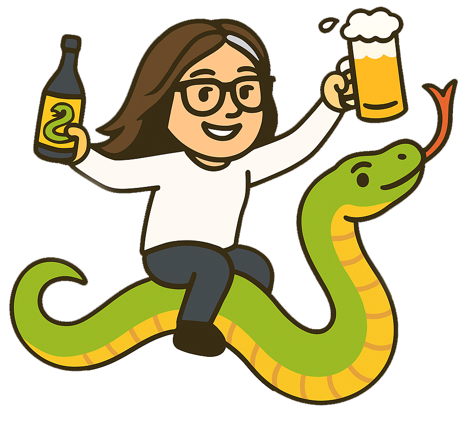 Cartoon woman with brown hair and glasses riding a cartoon snake, holding a beer bottle in one hand and a beer mug in the other.