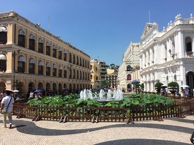 City square in the business district with colonial style buildings