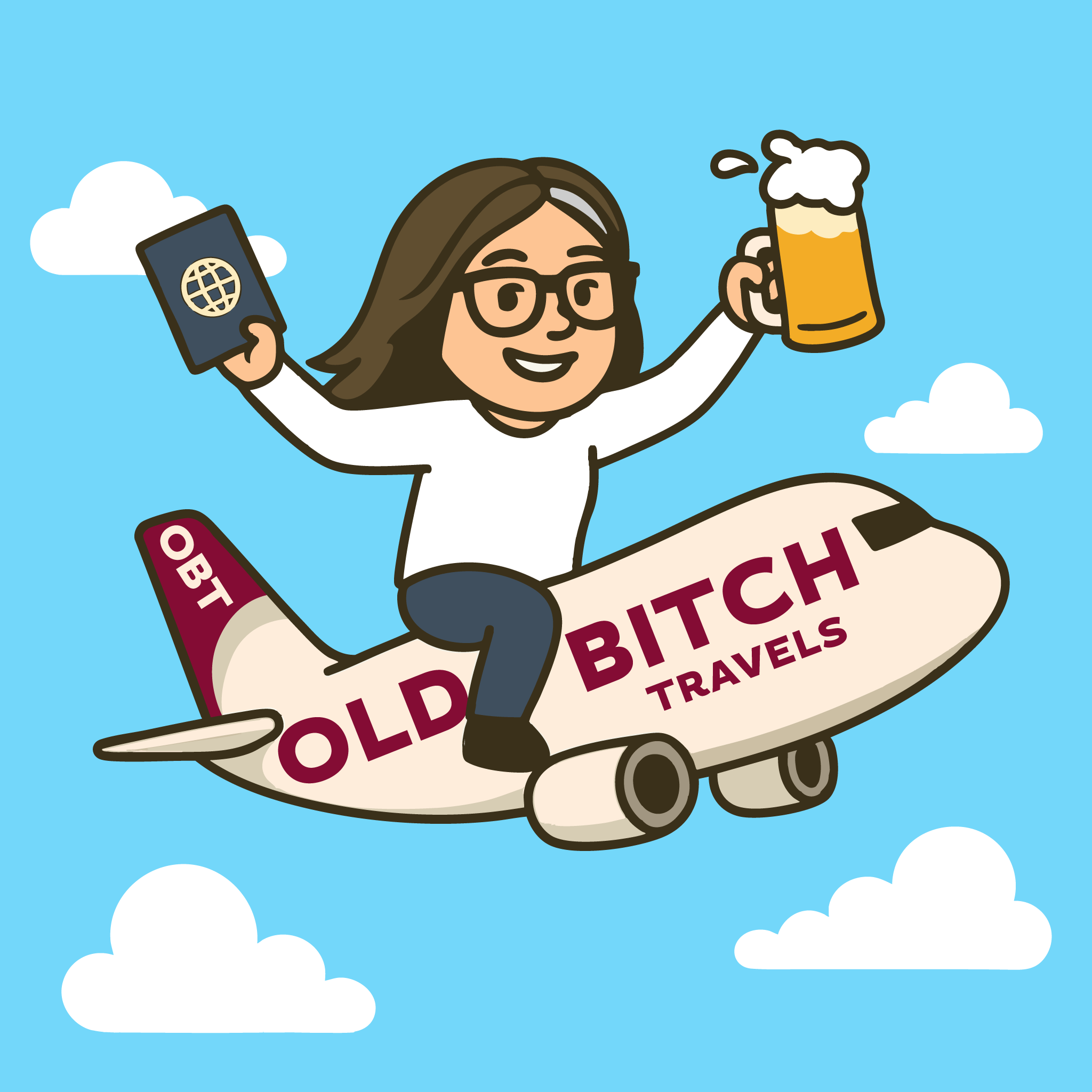 Cartoon woman with glasses flying on a spaceship labeled 'Old Bitch Travels' in the sky, holding a passport and a glass of beer with clouds in the background.