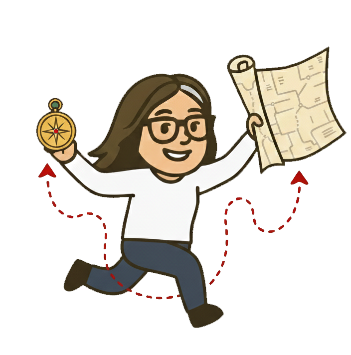 Cartoon woman holding a compass in one hand and a map in the other, smiling and running.