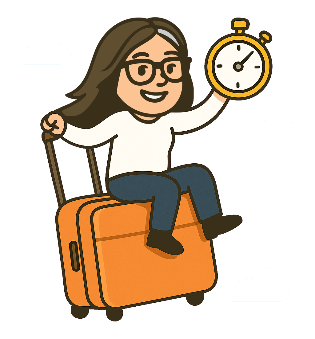 Cartoon woman with glasses, long brown hair, white shirt, and jeans sitting on an orange suitcase, holding a stopwatch, with clouds in the background.