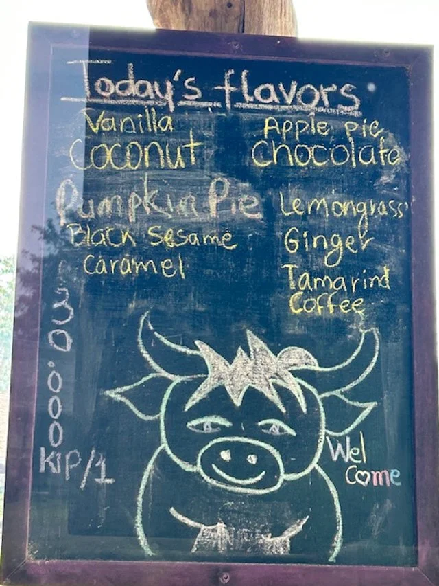 Laos Buffalo Dairy. Chalkboard menu listing today's flavors and a drawing of a buffalo with a welcoming message.