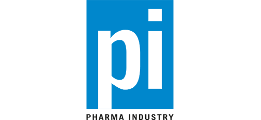 Logotyp för Pi Pharma Industry, med en blå bakgrund och svart text.
