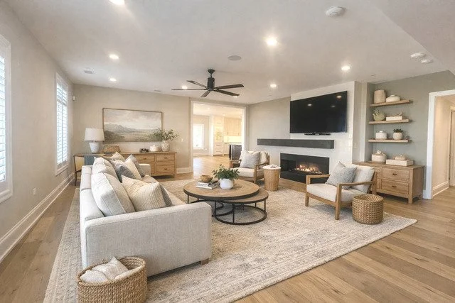 Living room with a beige sofa, two armchairs, a coffee table, a fireplace with a mounted TV above, and built-in shelves with decorative items.