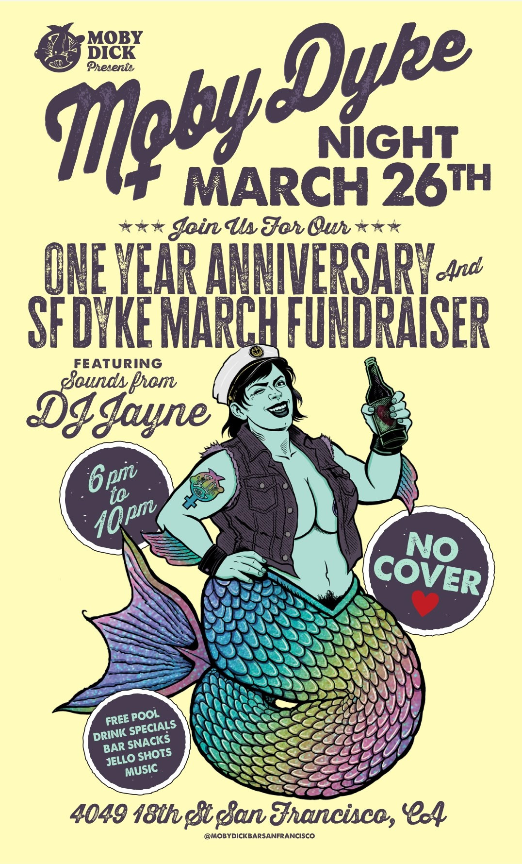 poster says "Moby Dick Presents: Moby Dyke Night, March 26, with an illustration of a dyke mermaid holding a beer bottle"