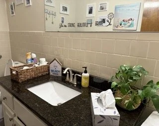The bathroom sink and supplies in our birthing center