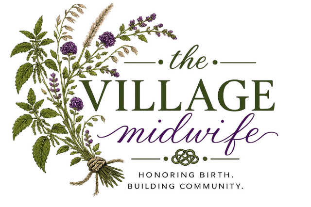 Logo of The Village Midwife, featuring a tree with black branches and roots, green and blue leaves, and text reading 'The Village Midwife' and 'Rooted In Community'.