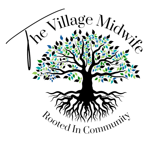 Logo for The Village Midwife with a tree illustration and the text 'The Village Midwife' and 'Rooted In Community'.