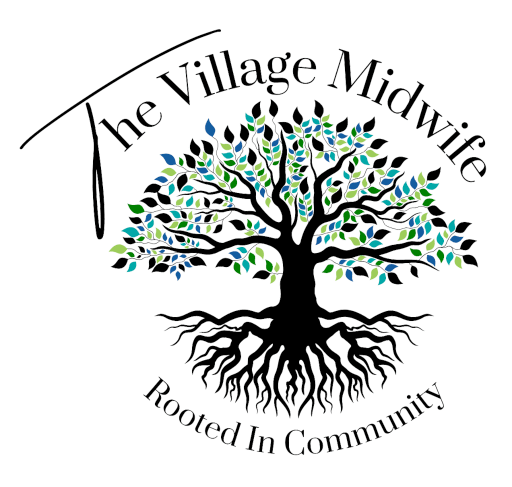 Logo for The Village Midwife with a tree symbol and roots, and the text "The Village Midwife Rooted In Community".