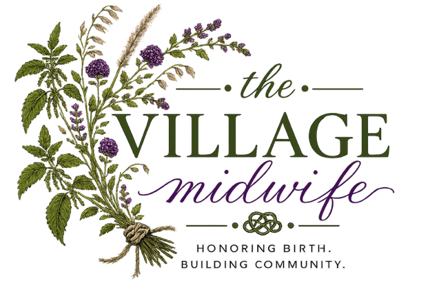 Logo of The Village Midwife featuring a stylized tree with blue and green leaves, roots, and the text 'The Village Midwife' and 'Rooted in Community'