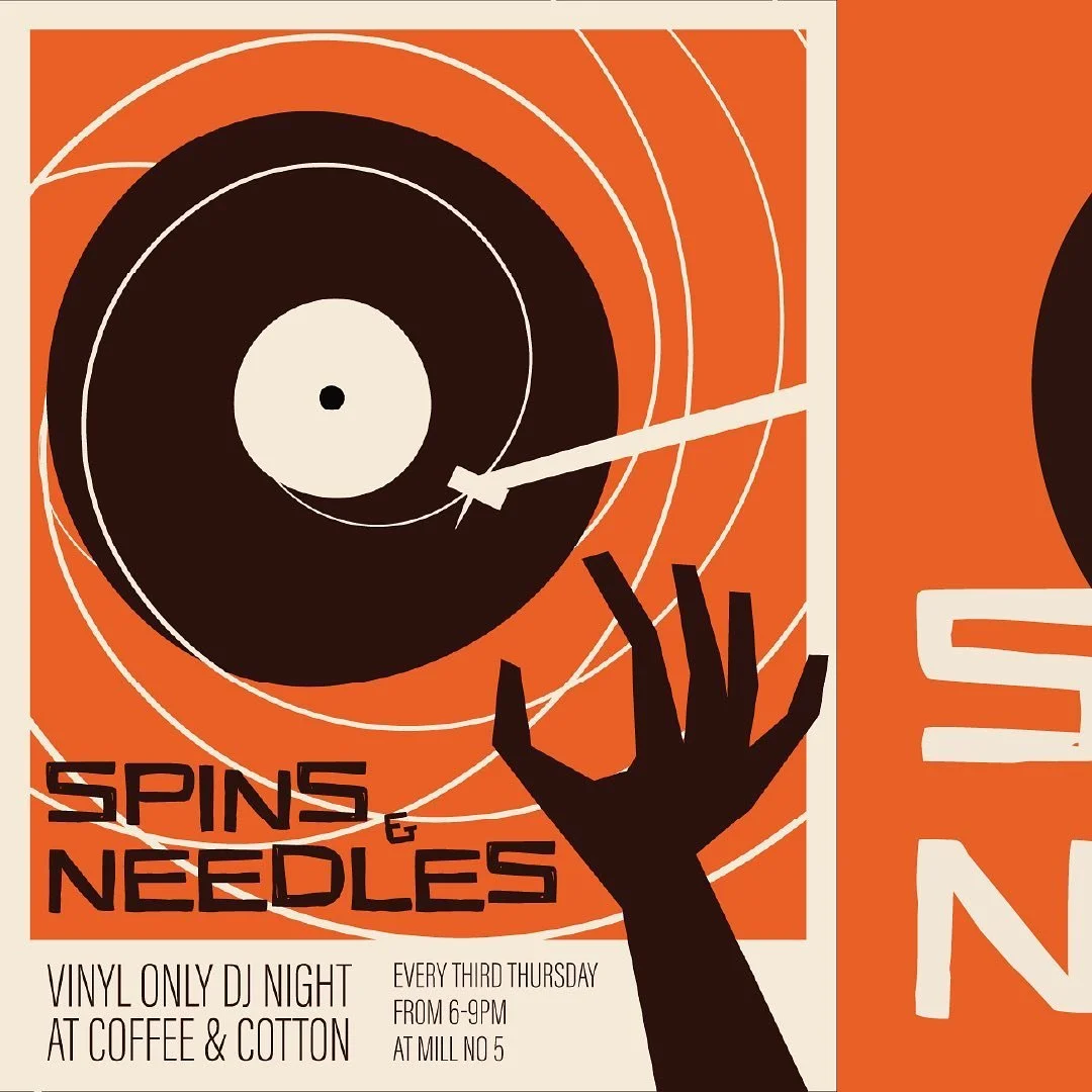 Saul Bass/Vertigo inspired designs for @spins.and.needles! If you&rsquo;re a Lowell area homie be sure to drop by @coffee_and_cotton at @millno5 to enjoy some tunes with the Spins crew!