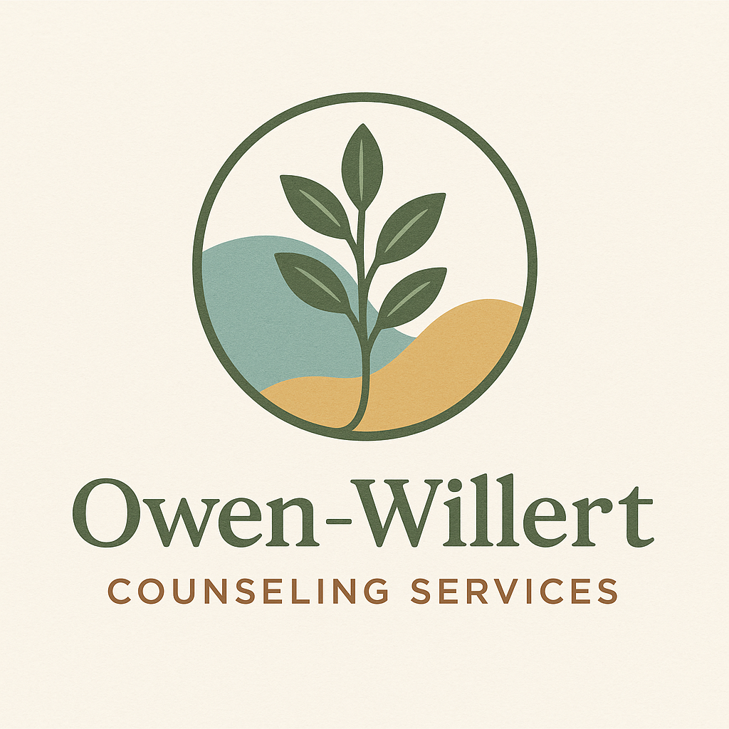 Logo of Owen-Willert Counseling Services featuring a stylized plant inside a circle with blue and tan background colors.