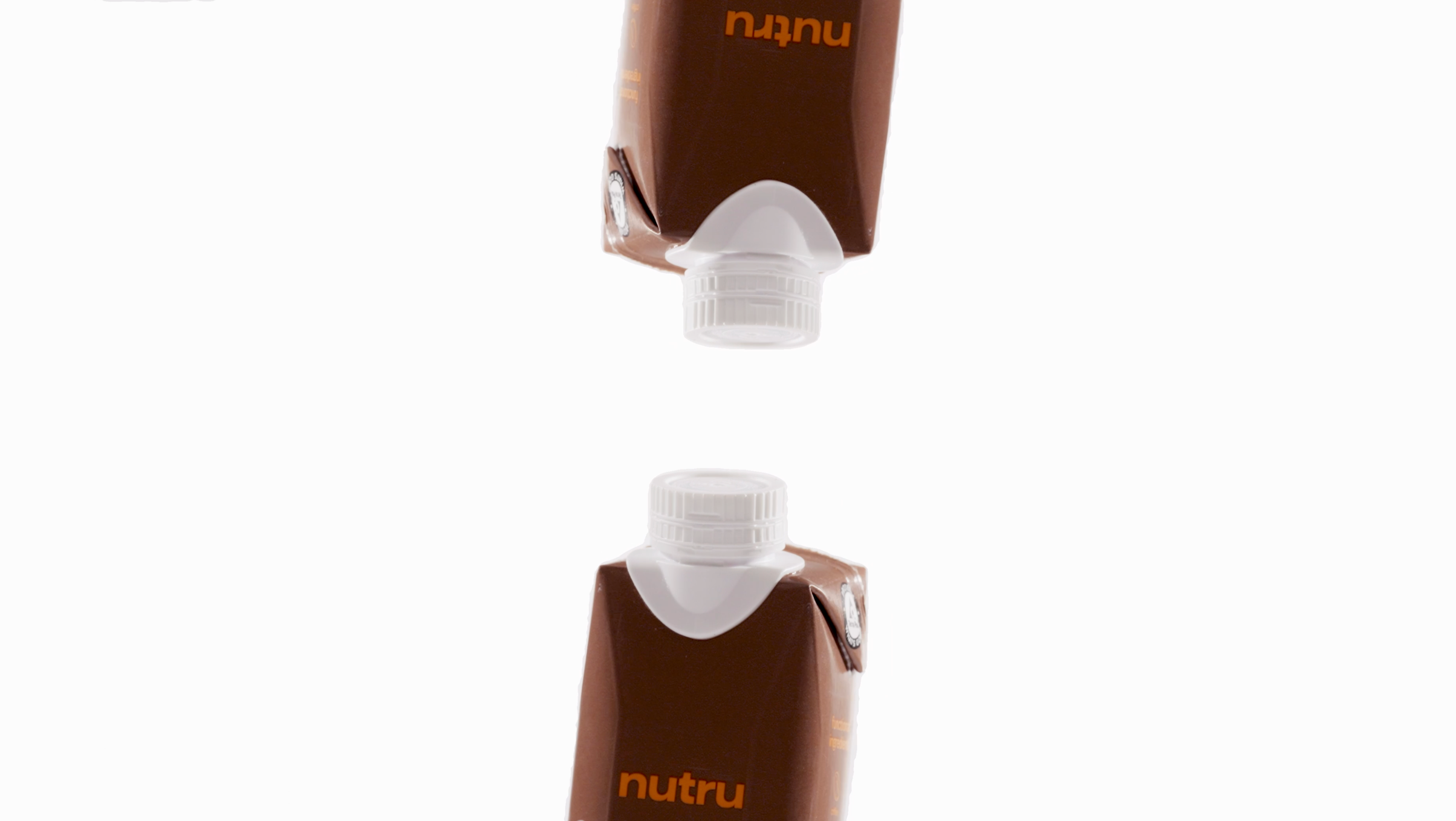 Two upside-down Nutro chocolate-flavored drink cartons with white caps, mirrored against a white background.