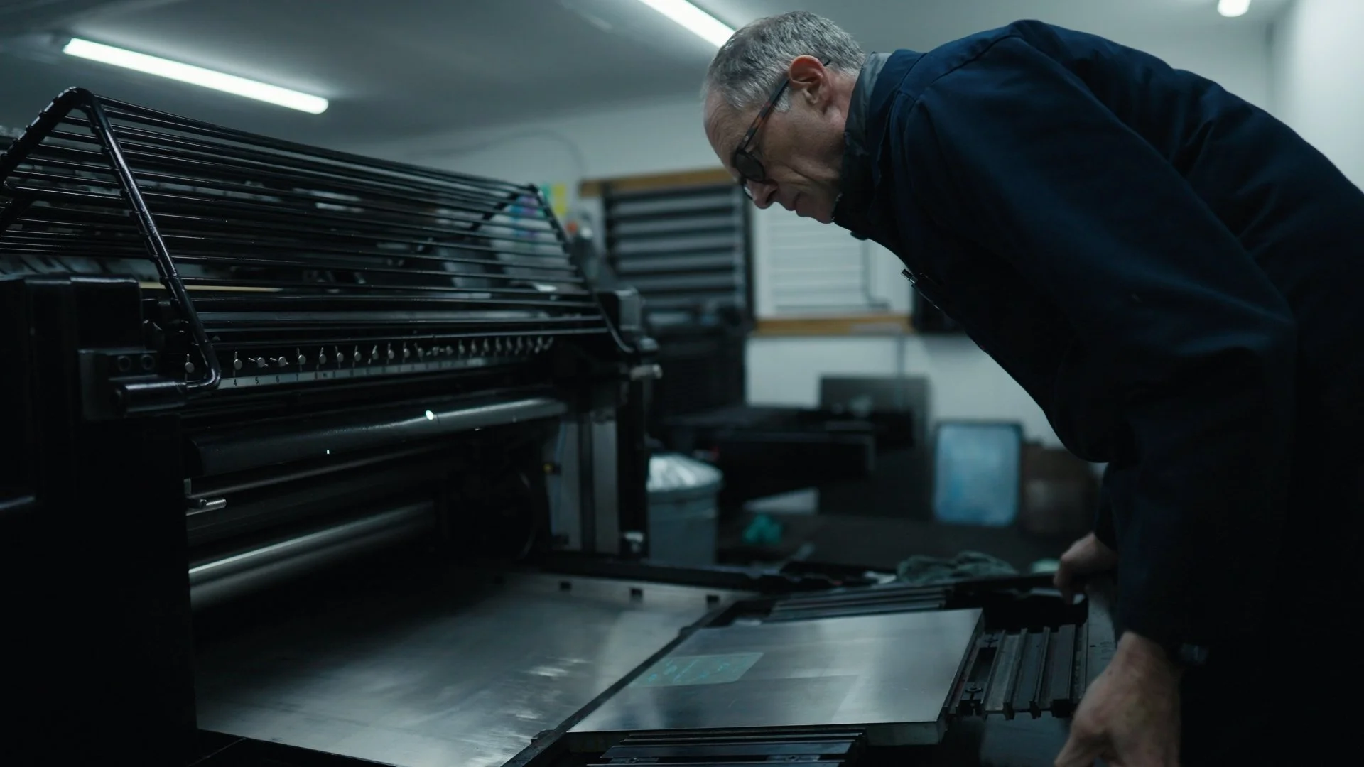 A man wearing glasses leans over a flat, metallic surface on a workbench, working on a piece of electronic equipment, in a dark workshop with a large machine nearby.