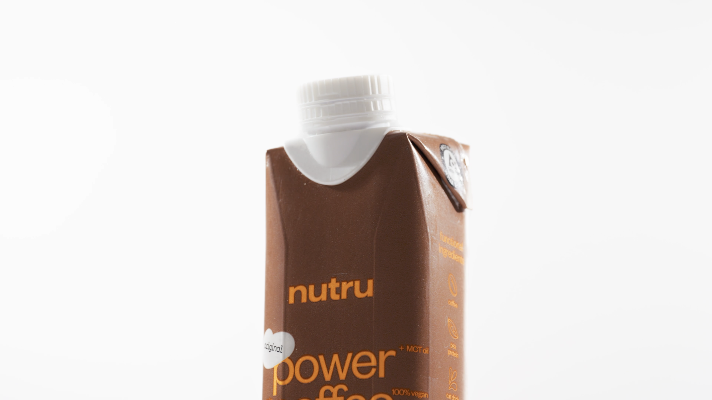 A brown nutru power drink carton with a white cap, positioned against a white background.