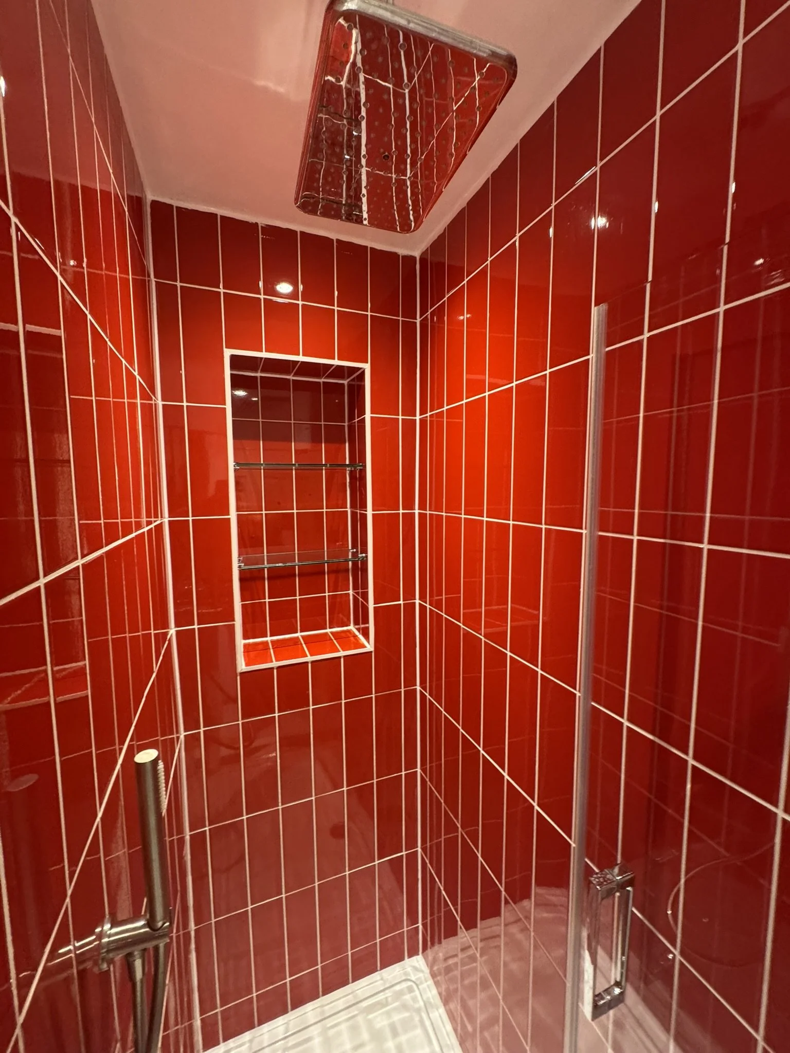 Red-tiled shower with a glass door and built-in niche for toiletries.