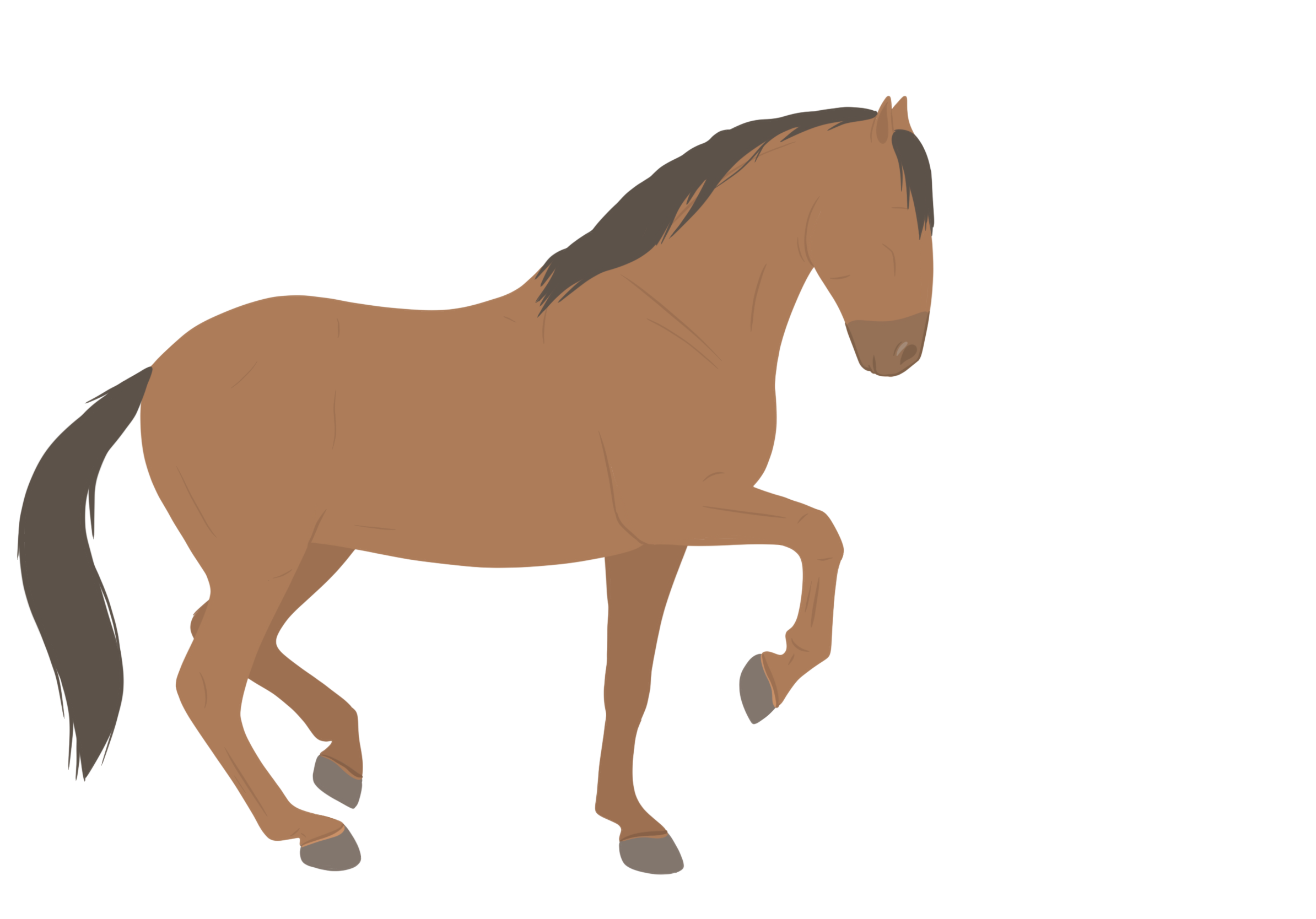Illustration of a brown horse with a dark mane, standing on a gray surface, with a purple block behind it.